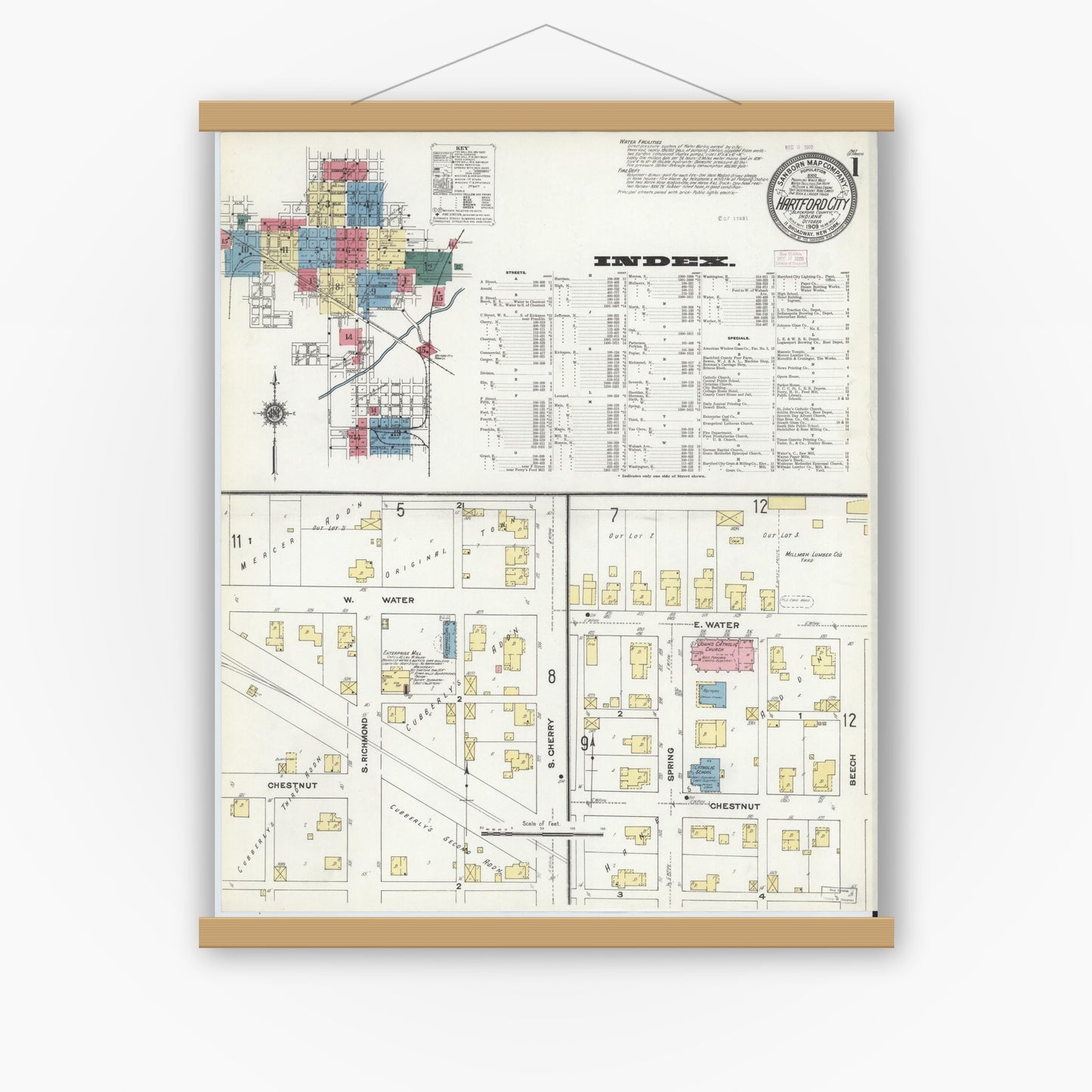 Old map wall art mockup — magnetic wood frame on white wall — Sanborn Fire Insurance Map from Hartford City, Blackford County, Indiana (1909) - Complete Map Set