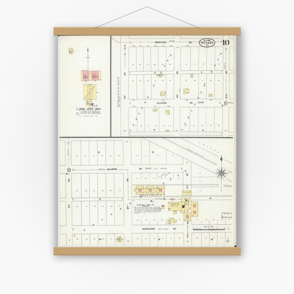 Old map wall art mockup — magnetic wood frame on white wall — Sanborn Fire Insurance Map from Nevada, Vernon County, Missouri (1906), Sheet #0010