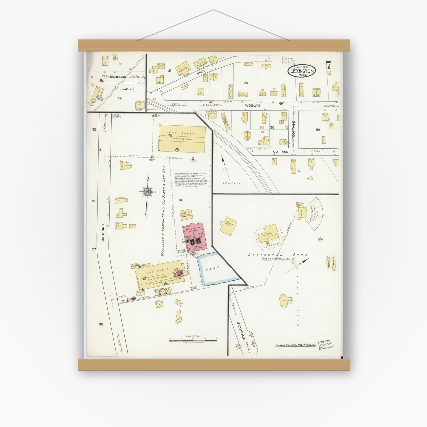 Old map wall art mockup — magnetic wood frame on white wall — Sanborn Fire Insurance Map from Lexington, Middlesex County, Massachusetts (1918), Sheet #0007