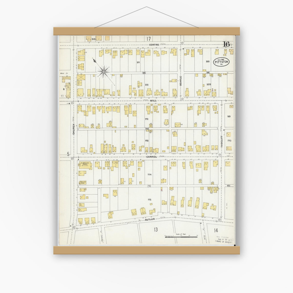 Old map wall art mockup — magnetic wood frame on white wall — Sanborn Fire Insurance Map from Pittston, Luzerne County, Pennsylvania (1903), Sheet #0016