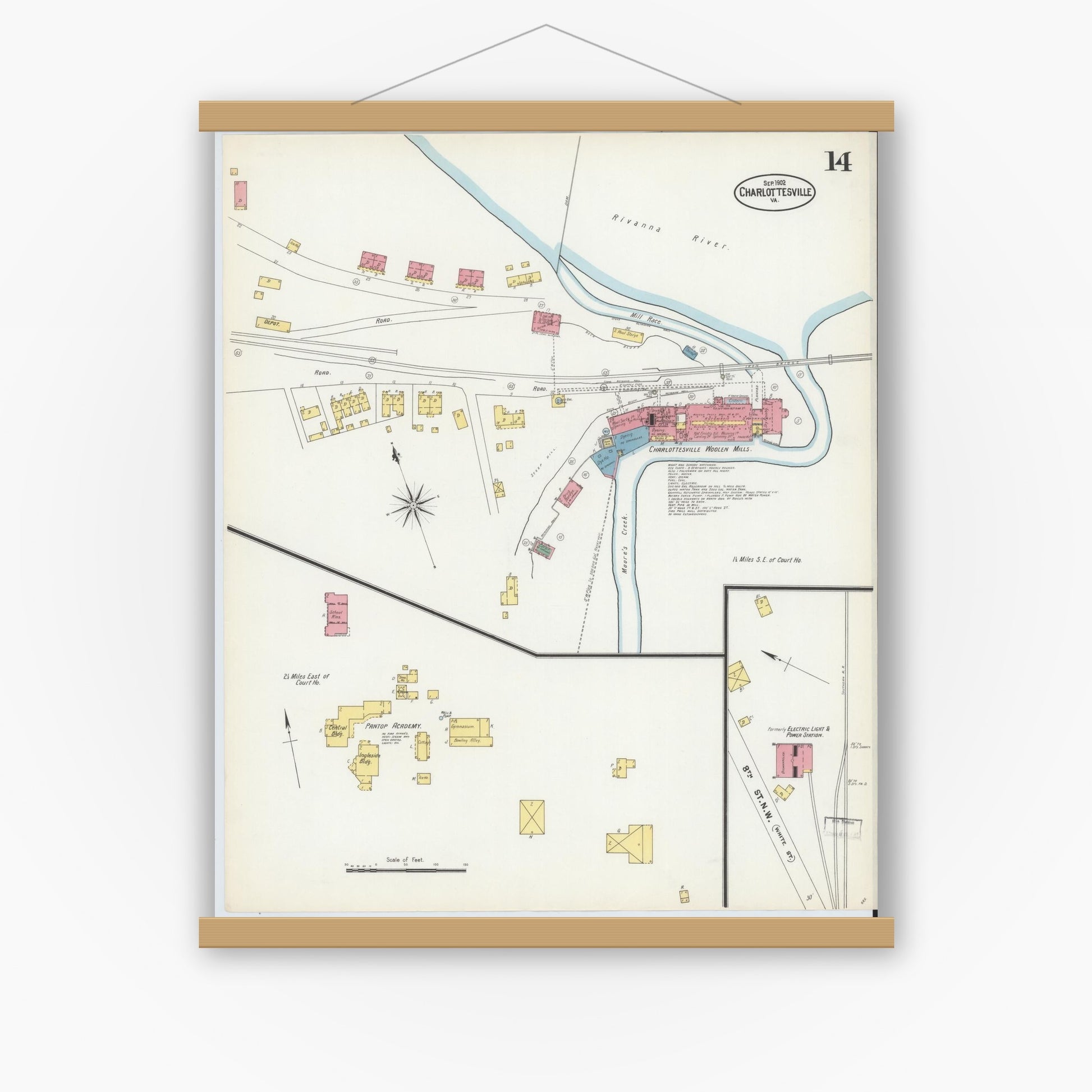 Old map wall art mockup — magnetic wood frame on white wall — Sanborn Fire Insurance Map from Charlottesville, Independent Cities, Virginia (1902), Sheet #0014