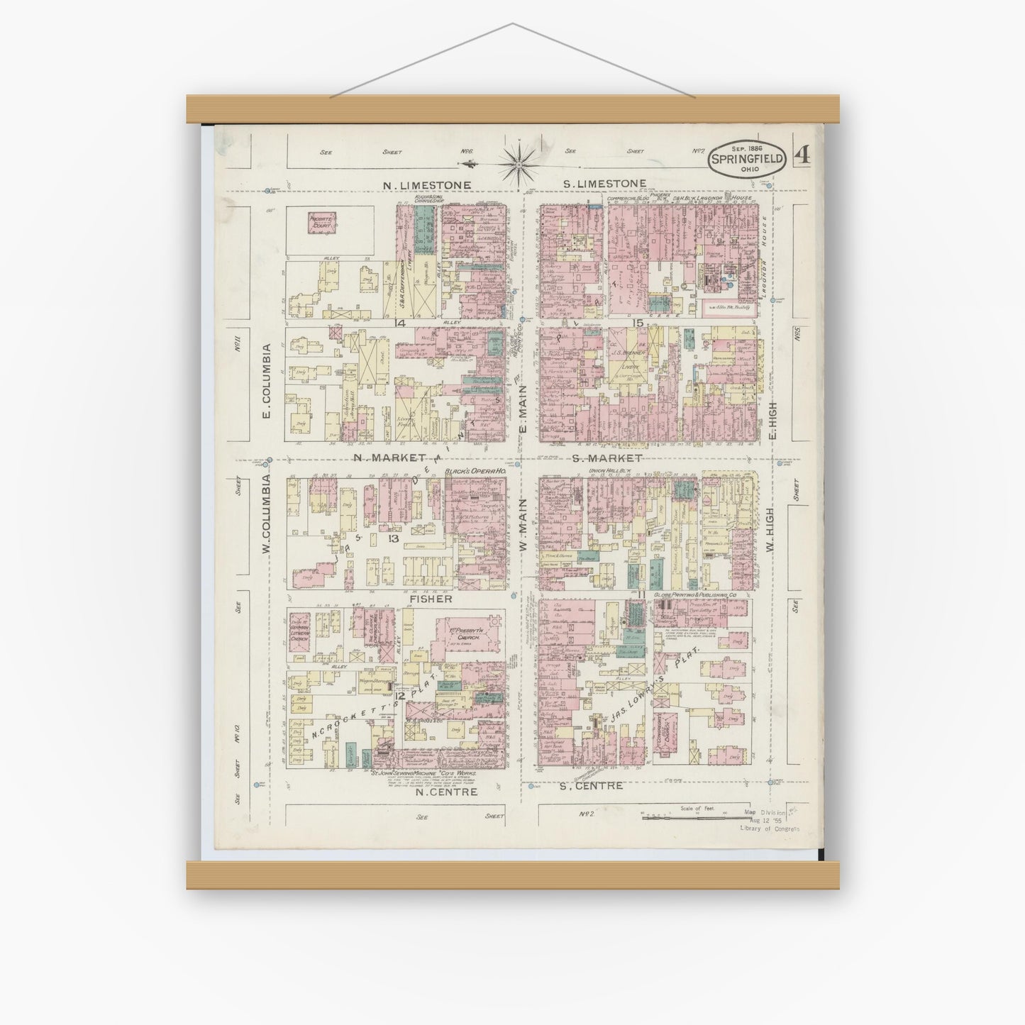 Old map wall art mockup — magnetic wood frame on white wall — Sanborn Fire Insurance Map from Springfield, Clark County, Ohio (1886), Sheet #0004