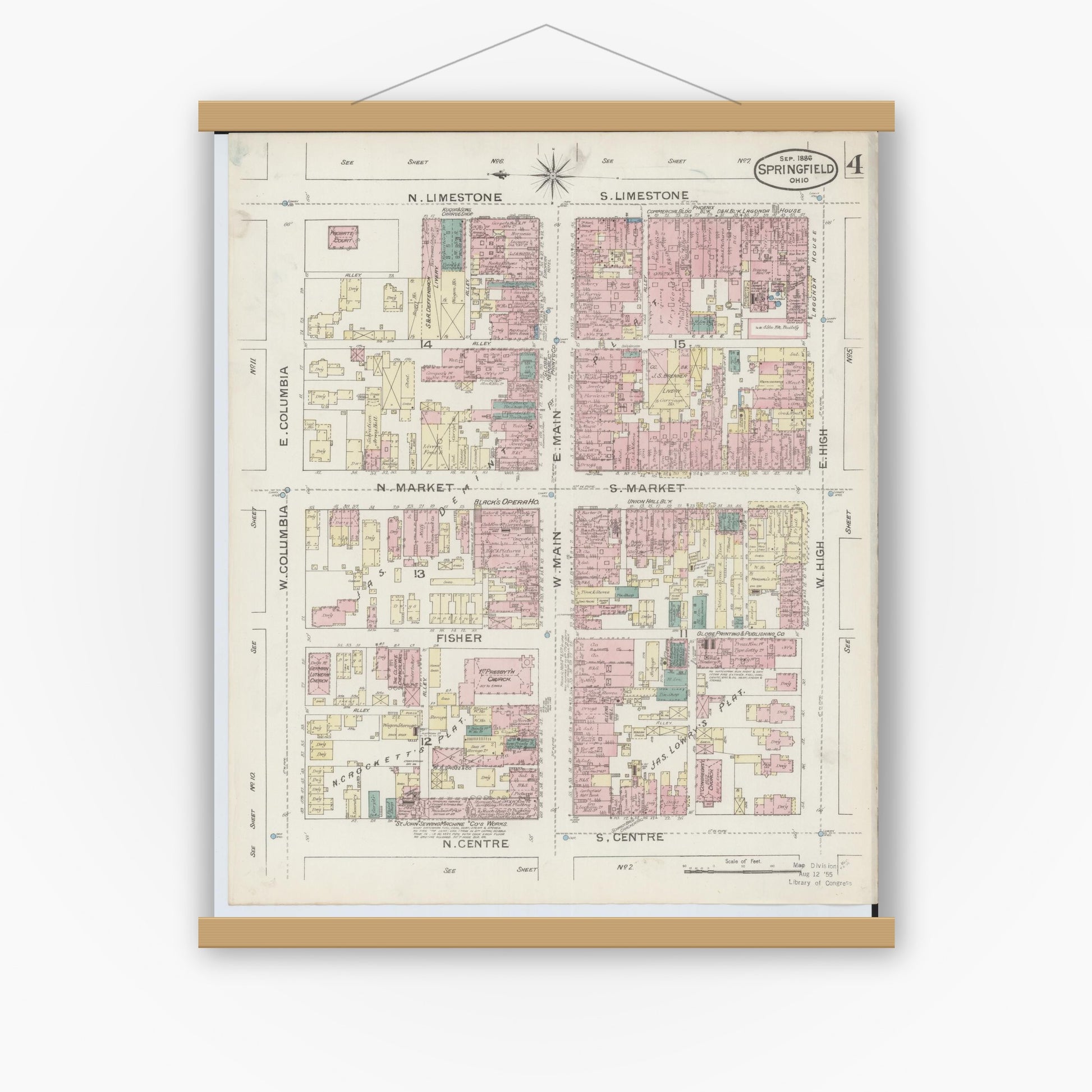 Old map wall art mockup — magnetic wood frame on white wall — Sanborn Fire Insurance Map from Springfield, Clark County, Ohio (1886), Sheet #0004