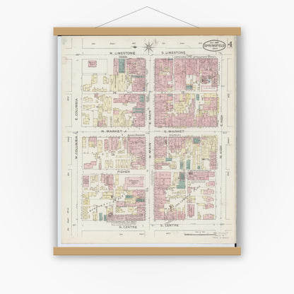 Old map wall art mockup — magnetic wood frame on white wall — Sanborn Fire Insurance Map from Springfield, Clark County, Ohio (1886), Sheet #0004