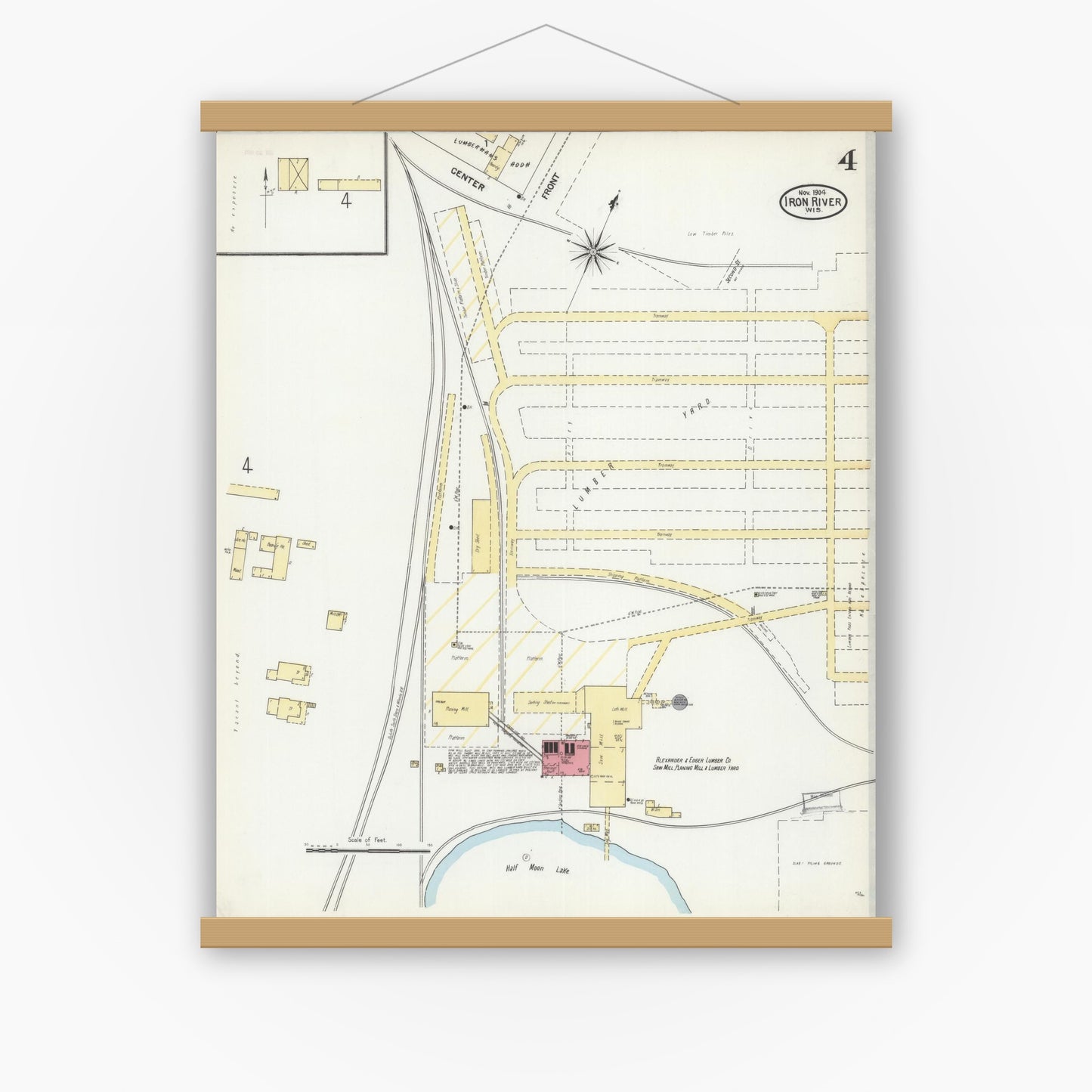 Old map wall art mockup — magnetic wood frame on white wall — Sanborn Fire Insurance Map from Iron River, Bayfield County, Wisconsin (1904), Sheet #0004
