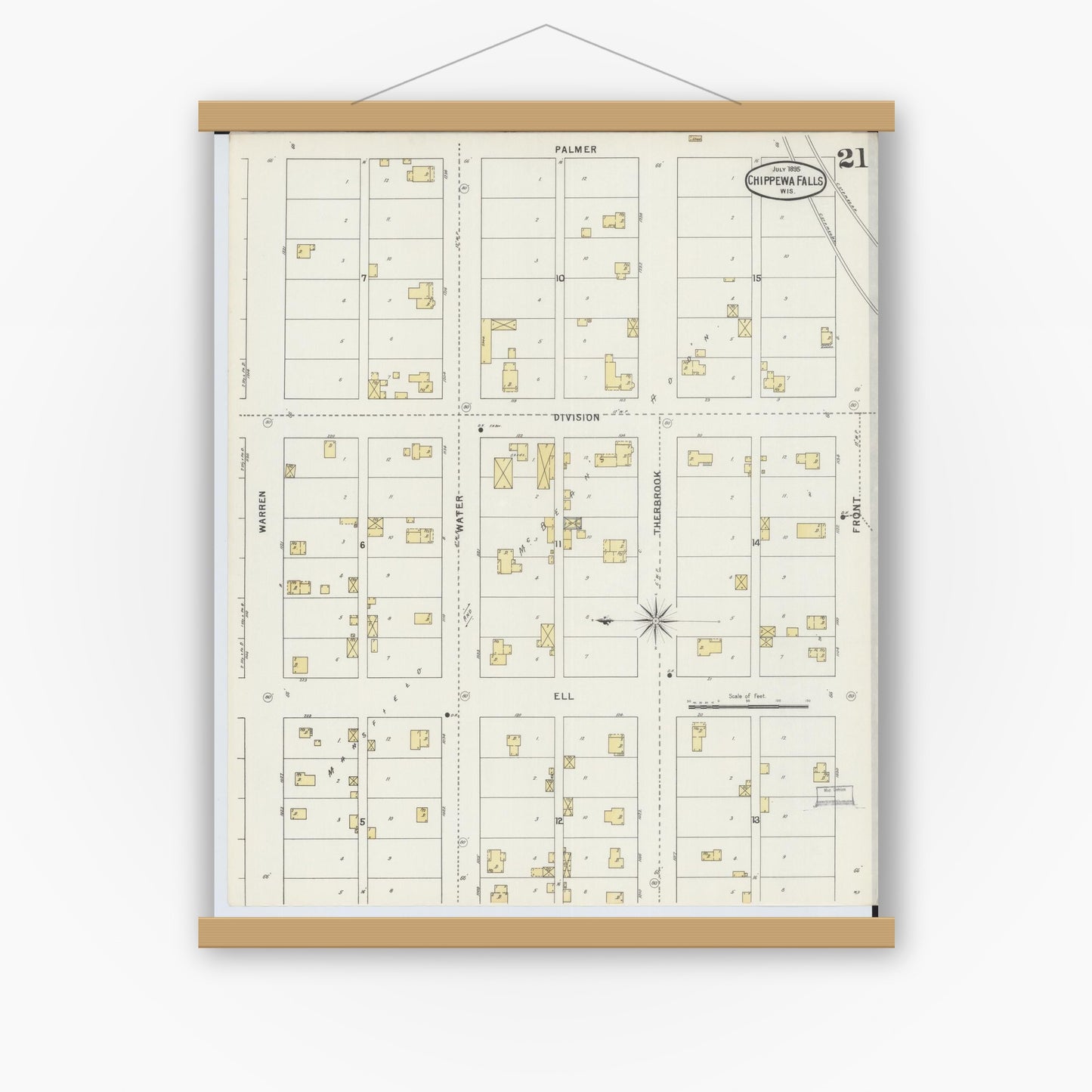 Old map wall art mockup — magnetic wood frame on white wall — Sanborn Fire Insurance Map from Chippewa Falls, Chippewa County, Wisconsin (1895), Sheet #0021