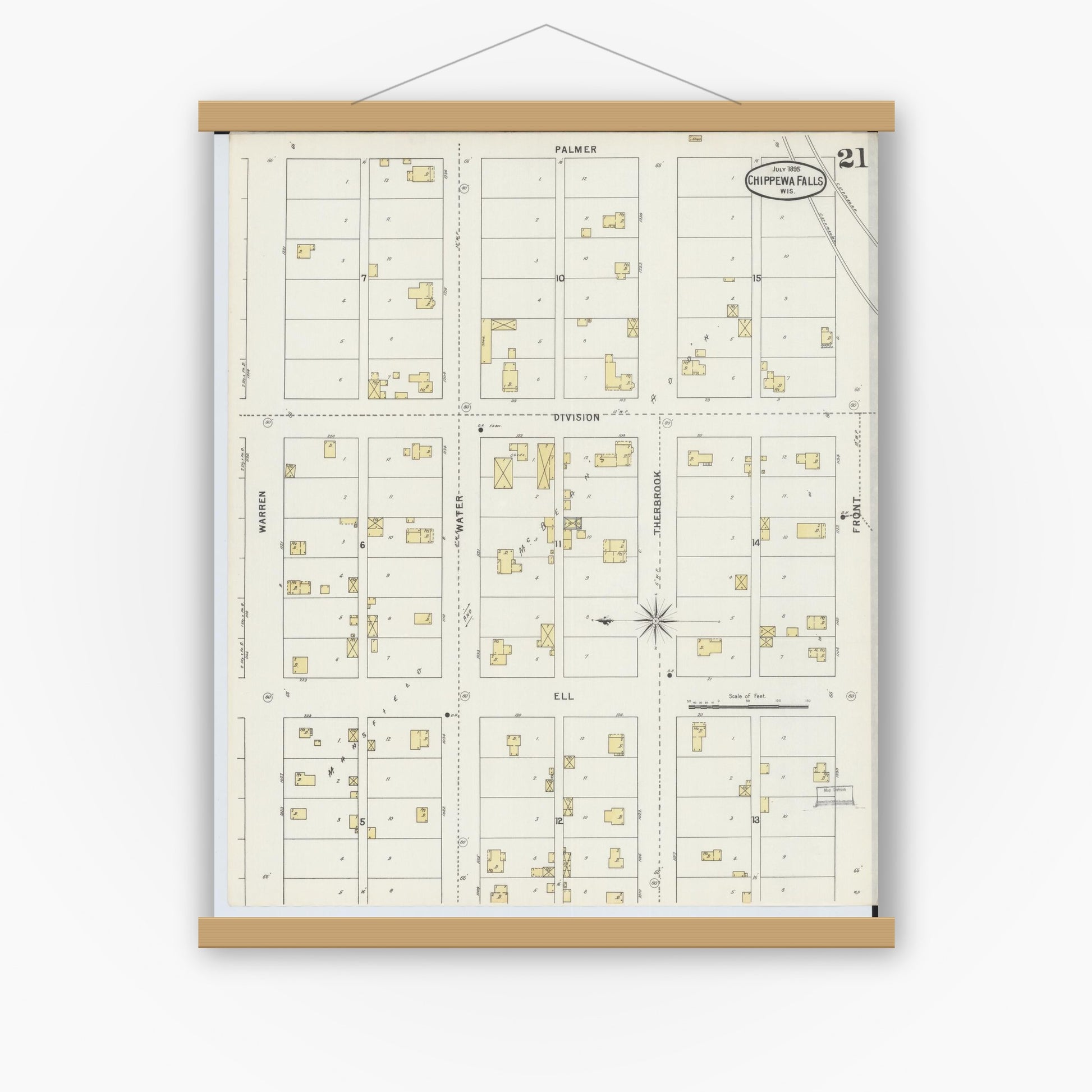 Old map wall art mockup — magnetic wood frame on white wall — Sanborn Fire Insurance Map from Chippewa Falls, Chippewa County, Wisconsin (1895), Sheet #0021