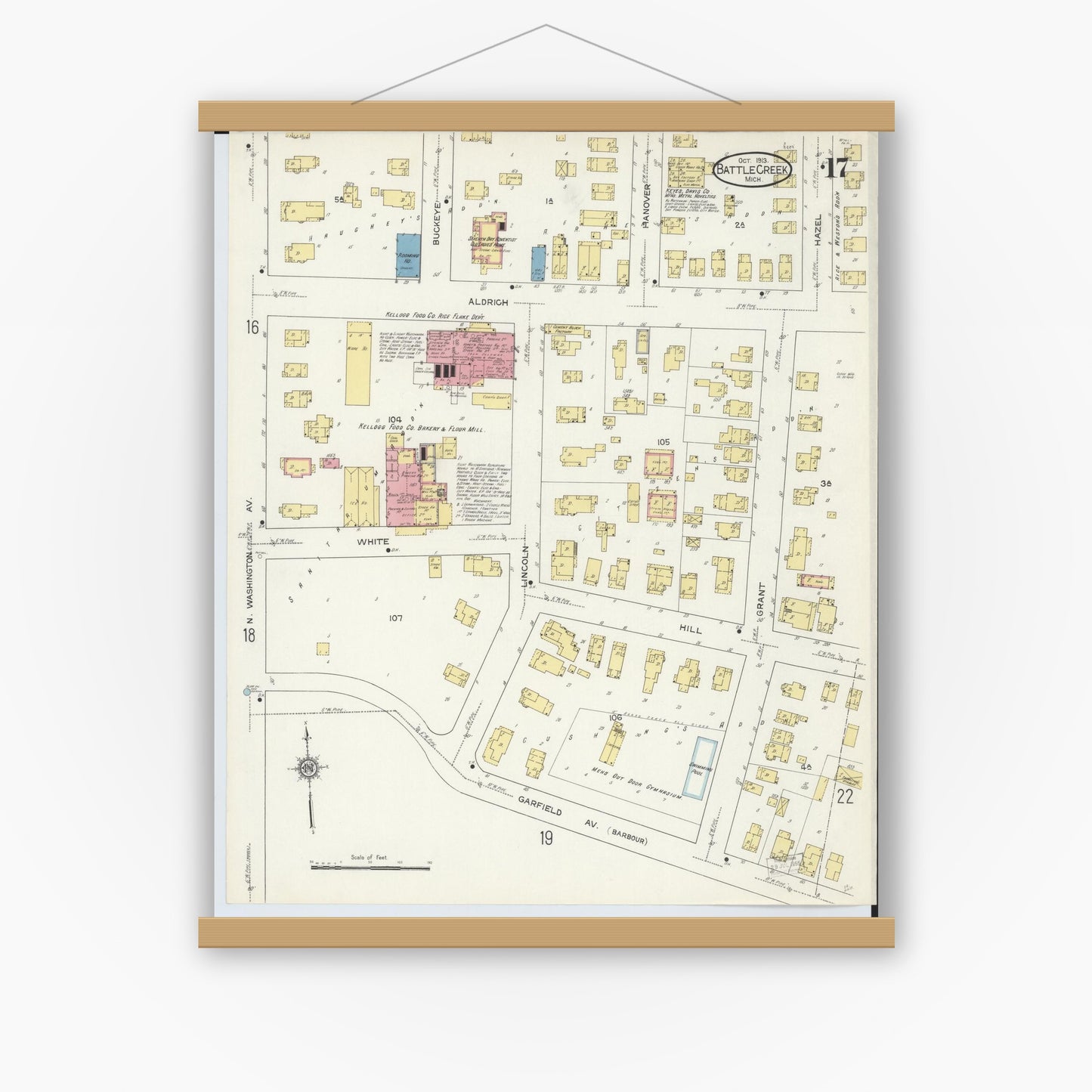 Old map wall art mockup — magnetic wood frame on white wall — Sanborn Fire Insurance Map from Battle Creek, Calhoun County, Michigan (1913), Sheet #0017