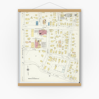 Old map wall art mockup — magnetic wood frame on white wall — Sanborn Fire Insurance Map from Battle Creek, Calhoun County, Michigan (1913), Sheet #0017