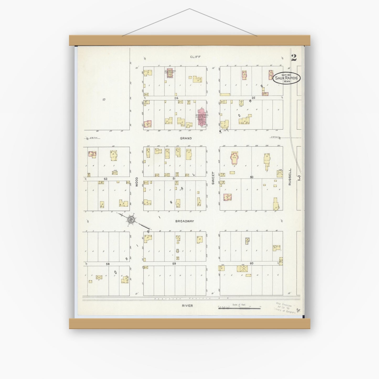 Old map wall art mockup — magnetic wood frame on white wall — Sanborn Fire Insurance Map from Sauk Rapids, Benton County, Minnesota (1912), Sheet #0002