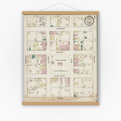 Old map wall art mockup — magnetic wood frame on white wall — Sanborn Fire Insurance Map from Albia, Monroe County, Iowa (1886), Sheet #0001