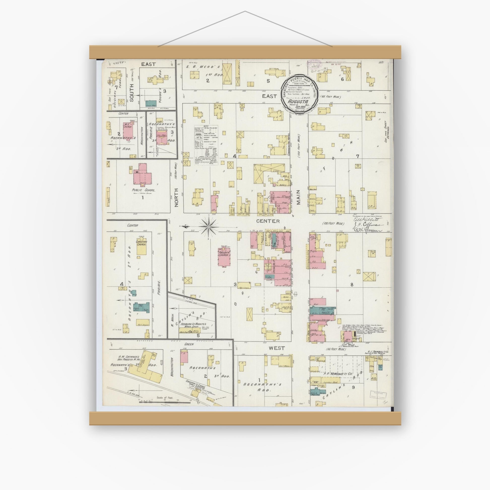 Old map wall art mockup — magnetic wood frame on white wall — Sanborn Fire Insurance Map from Augusta, Hancock County, Illinois (1893), Sheet #0001