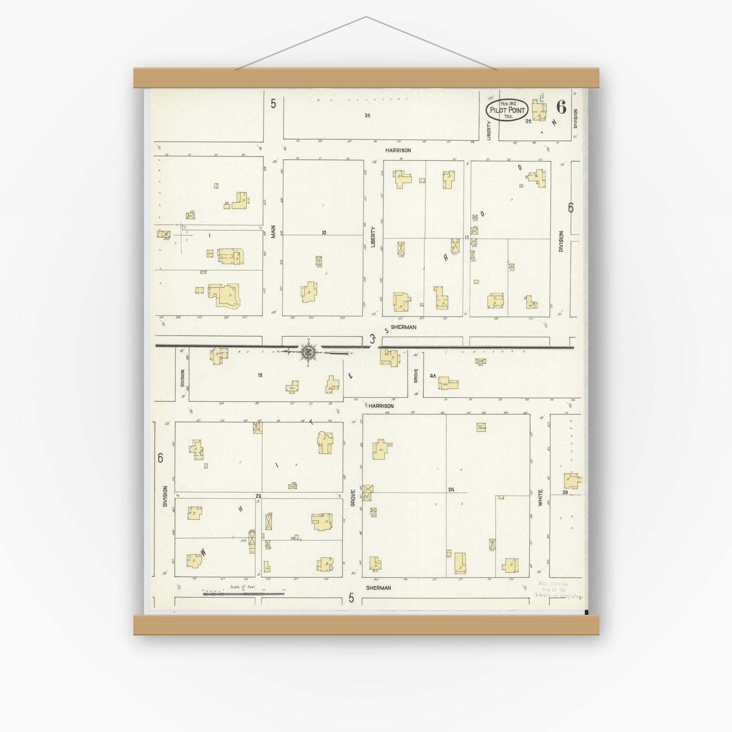 Old map wall art mockup — magnetic wood frame on white wall — Sanborn Fire Insurance Map from Pilot Point, Denton County, Texas (1912), Sheet #0006