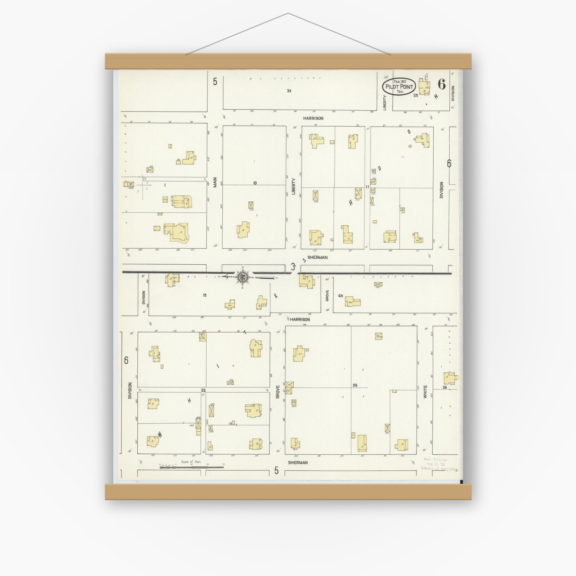 Old map wall art mockup — magnetic wood frame on white wall — Sanborn Fire Insurance Map from Pilot Point, Denton County, Texas (1912), Sheet #0006