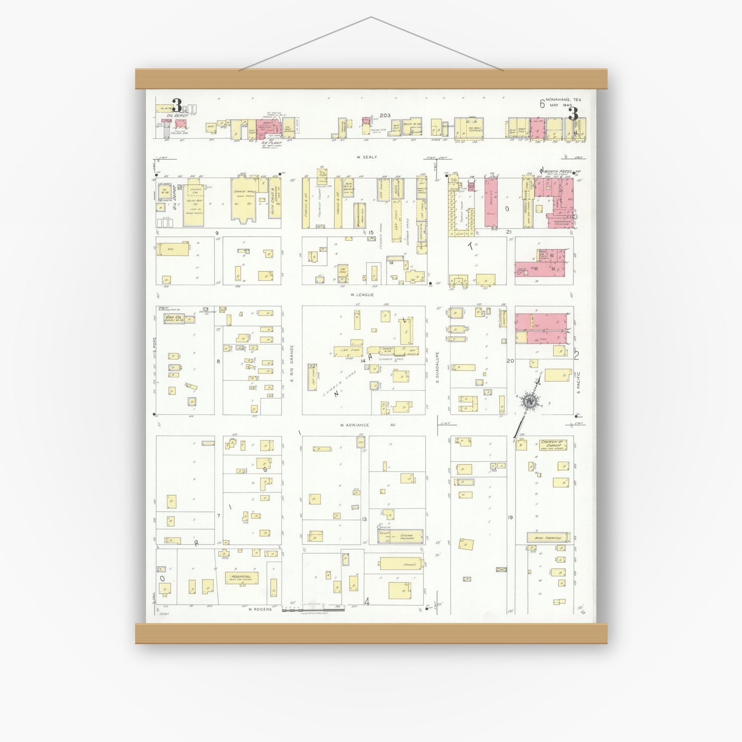 Old map wall art mockup — magnetic wood frame on white wall — Sanborn Fire Insurance Map from Monahans, Ward County, Texas (1940), Sheet #0003