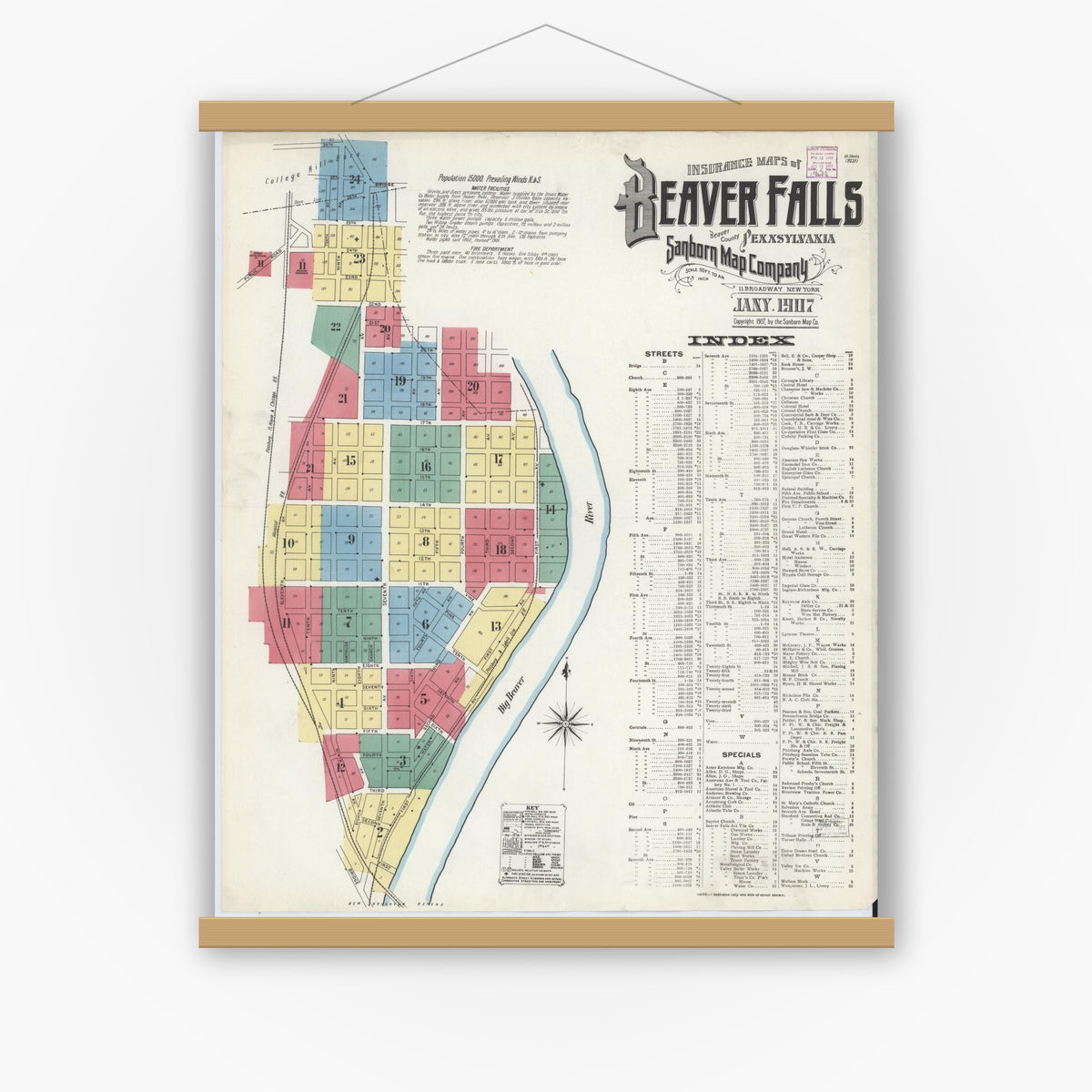 Old map wall art mockup — magnetic wood frame on white wall — Sanborn Fire Insurance Map from Beaver Falls, Beaver County, Pennsylvania (1907) - Complete Map Set