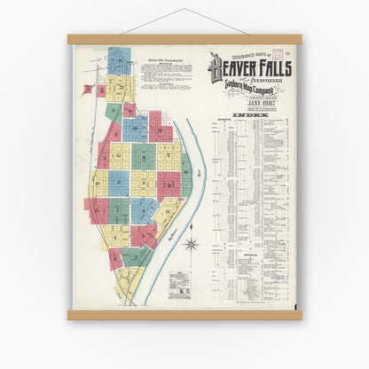Old map wall art mockup — magnetic wood frame on white wall — Sanborn Fire Insurance Map from Beaver Falls, Beaver County, Pennsylvania (1907) - Complete Map Set