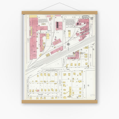 Old map wall art mockup — magnetic wood frame on white wall — Sanborn Fire Insurance Map from Kewanee, Henry County, Illinois (1918), Sheet #0012