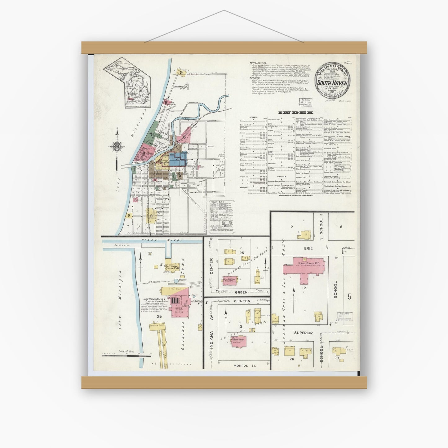 Old map wall art mockup — magnetic wood frame on white wall — Sanborn Fire Insurance Map from South Haven, Van Buren County, Michigan (1916), Sheet #0001