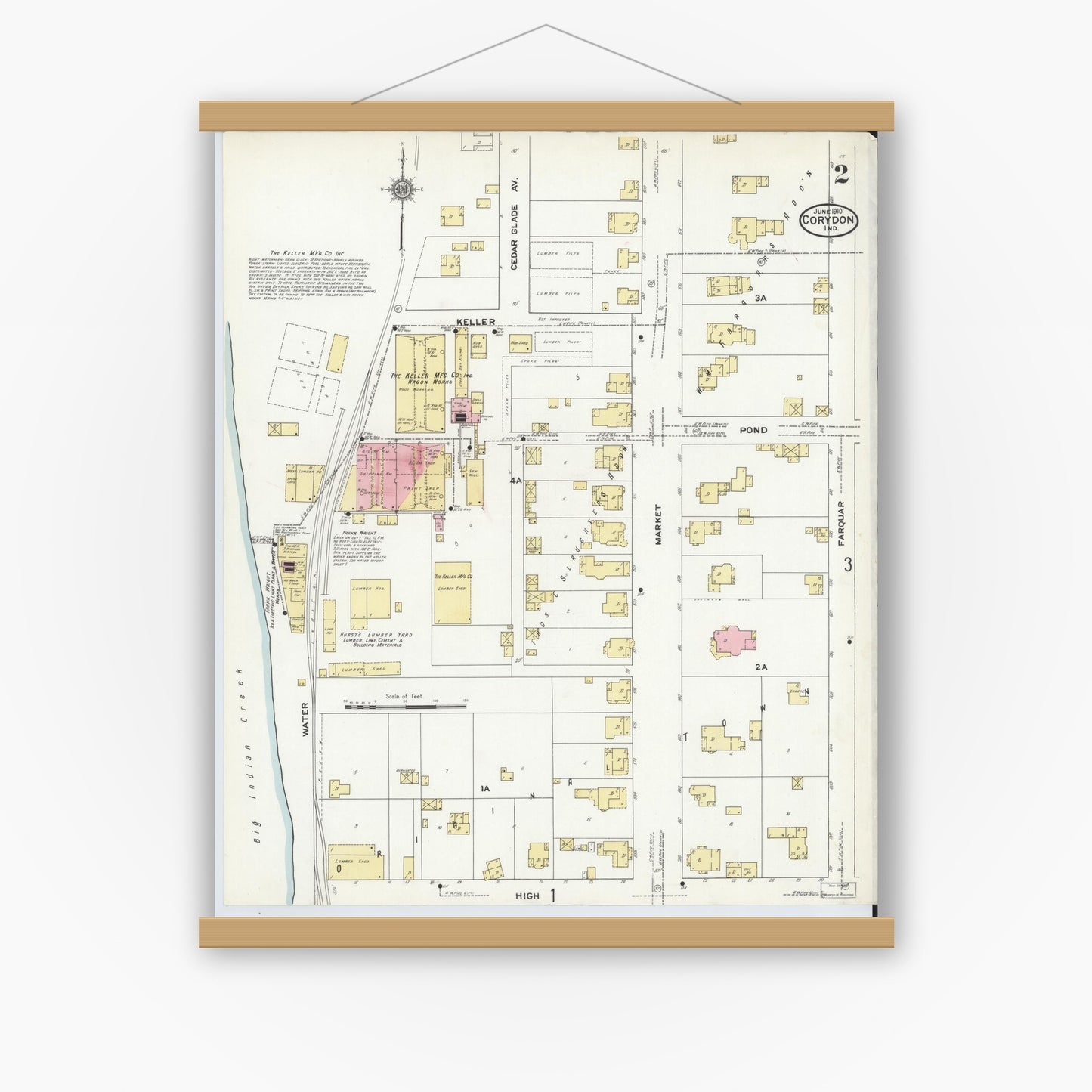 Old map wall art mockup — magnetic wood frame on white wall — Sanborn Fire Insurance Map from Corydon, Harrison County, Indiana (1910), Sheet #0002
