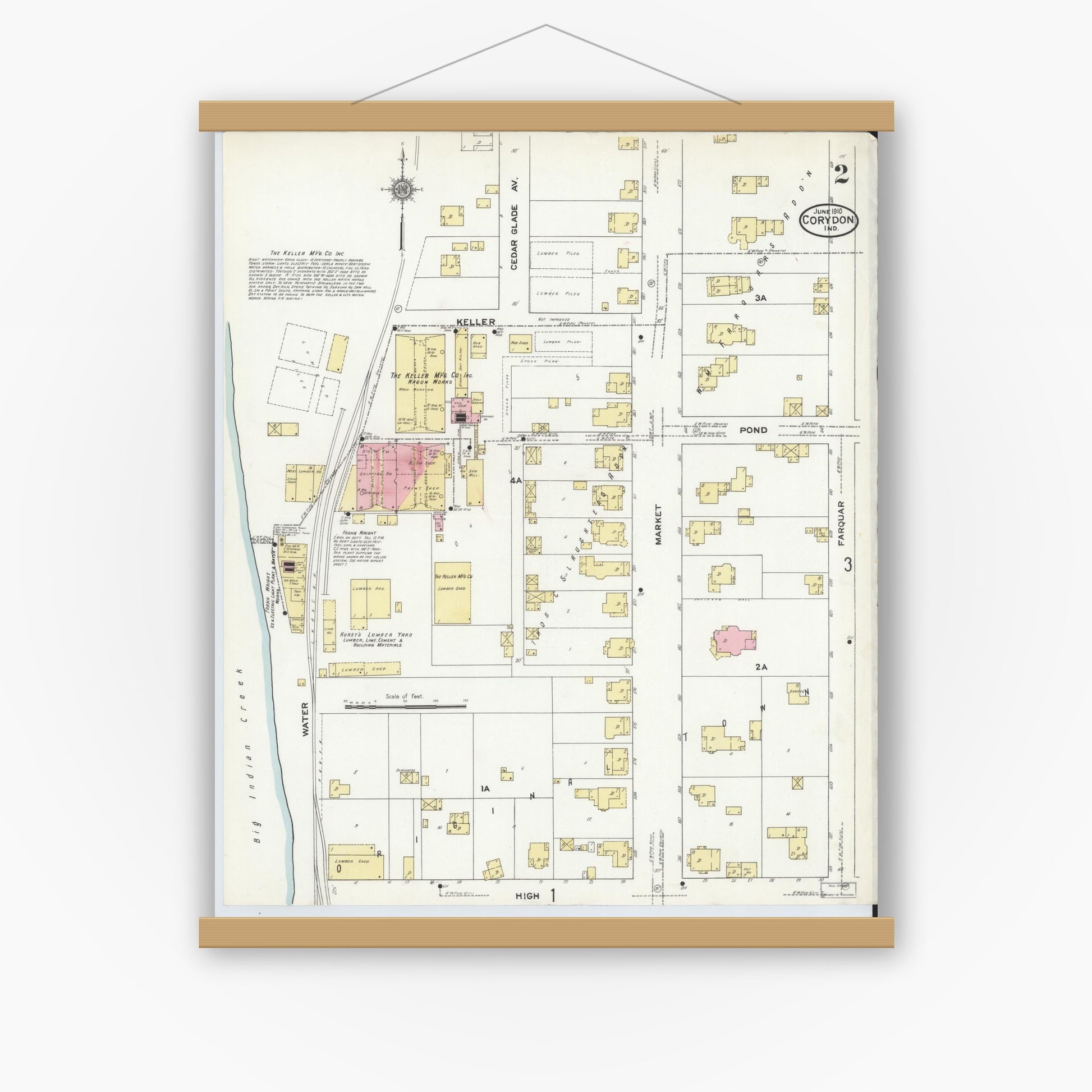 Old map wall art mockup — magnetic wood frame on white wall — Sanborn Fire Insurance Map from Corydon, Harrison County, Indiana (1910), Sheet #0002