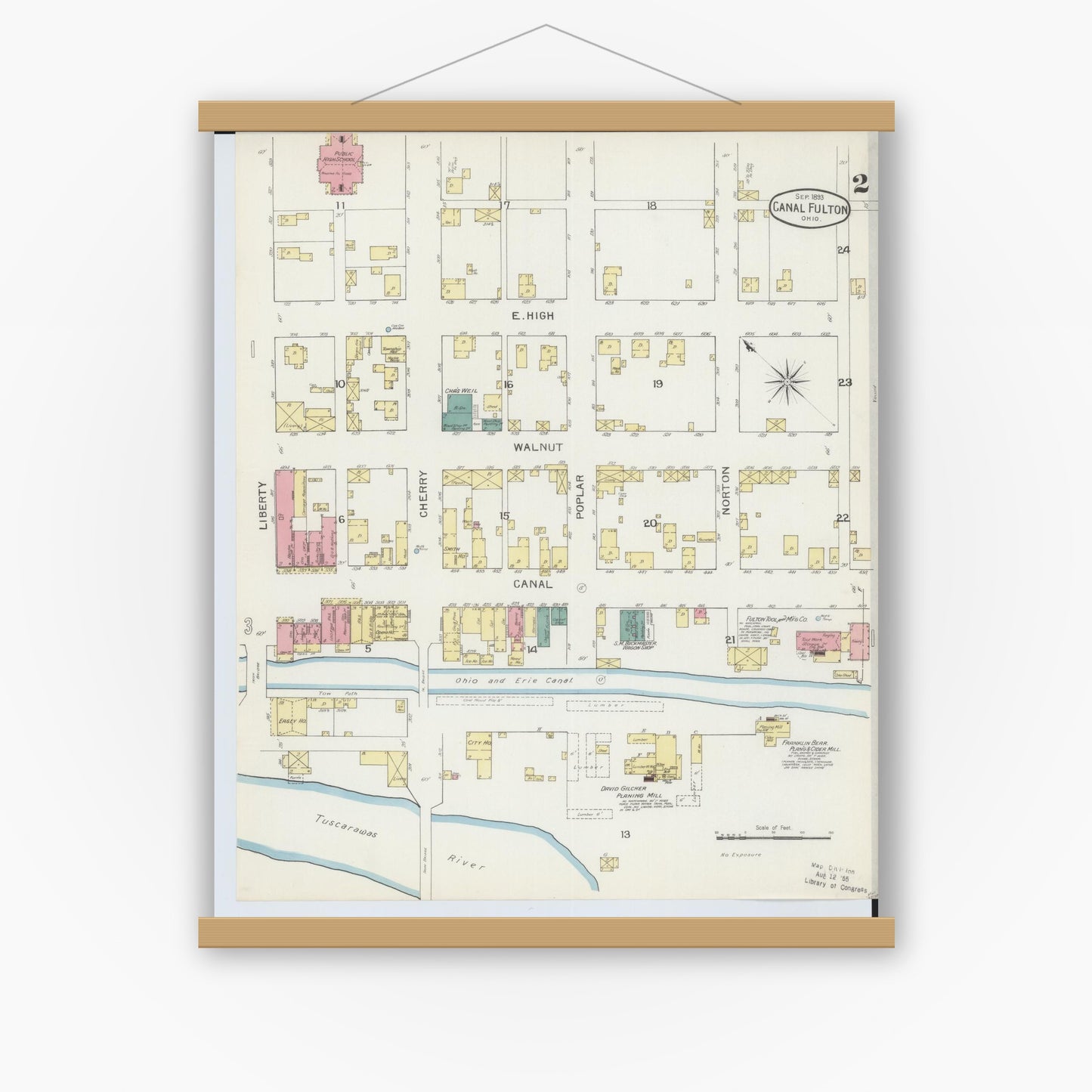 Old map wall art mockup — magnetic wood frame on white wall — Sanborn Fire Insurance Map from Canal Fulton, Stark County, Ohio (1893), Sheet #0002