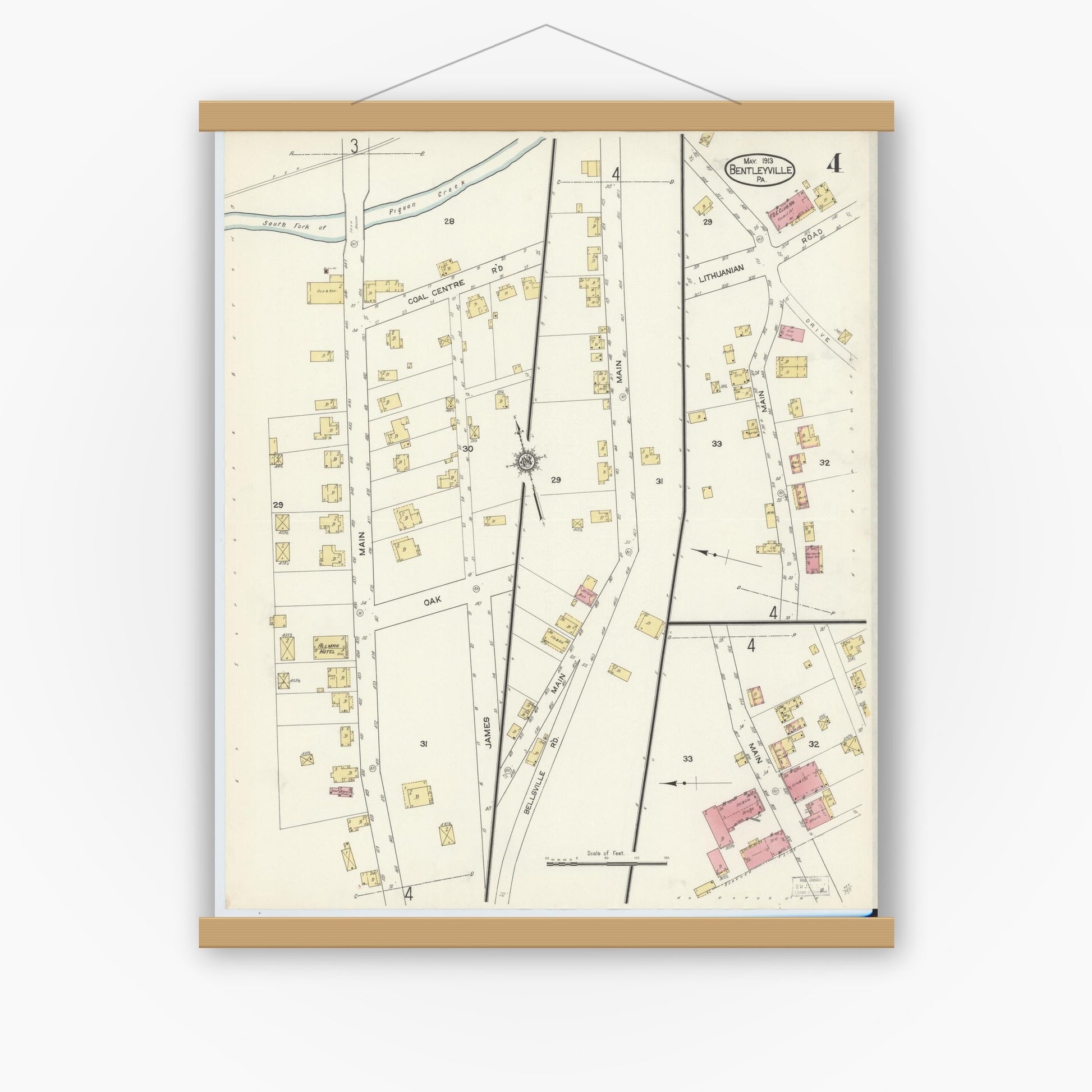 Old map wall art mockup — magnetic wood frame on white wall — Sanborn Fire Insurance Map from Bentleyville, Washington County, Pennsylvania (1913), Sheet #0004