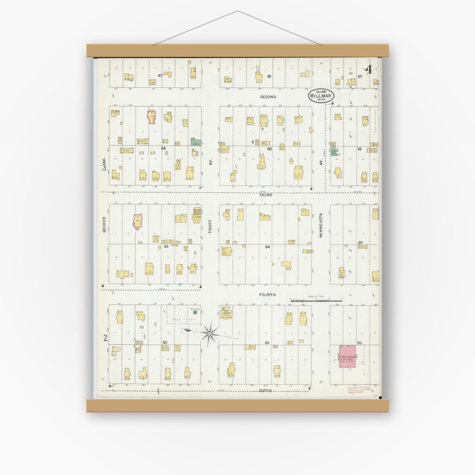 Old map wall art mockup — magnetic wood frame on white wall — Sanborn Fire Insurance Map from Willmar, Kandiyohi County, Minnesota (1899), Sheet #0004