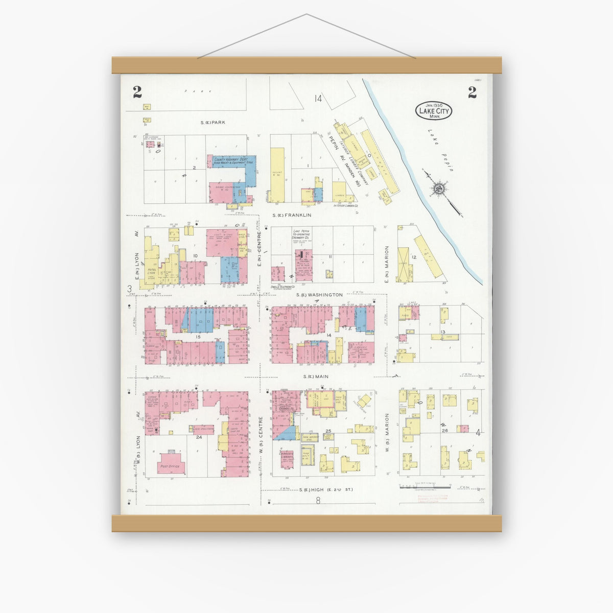 Old map wall art mockup — magnetic wood frame on white wall — Sanborn Fire Insurance Map from Lake City, Wabasha County, Minnesota (1930), Sheet #0002