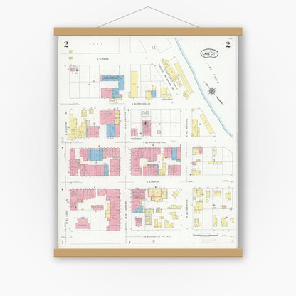 Old map wall art mockup — magnetic wood frame on white wall — Sanborn Fire Insurance Map from Lake City, Wabasha County, Minnesota (1930), Sheet #0002
