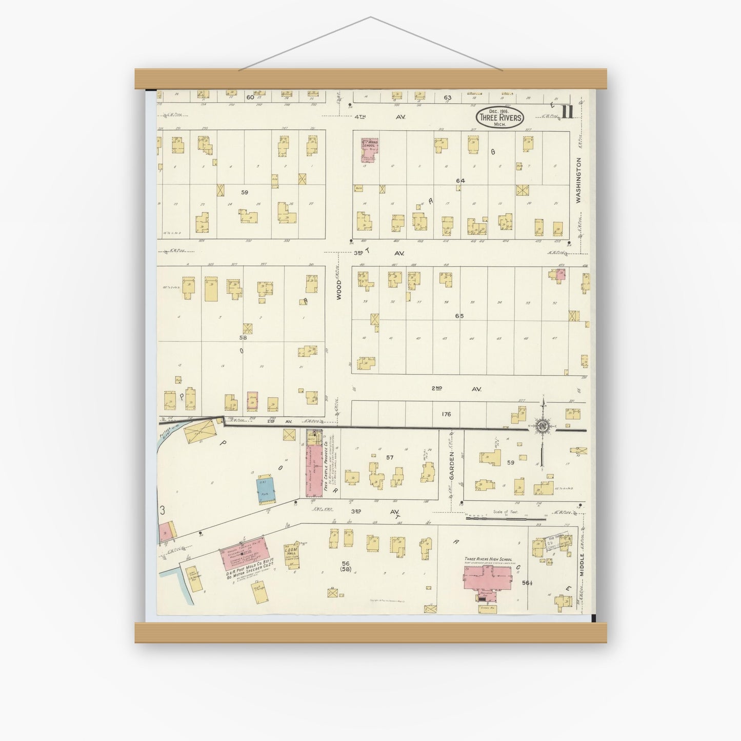 Old map wall art mockup — magnetic wood frame on white wall — Sanborn Fire Insurance Map from Three Rivers, Saint Joseph County, Michigan (1916), Sheet #0011