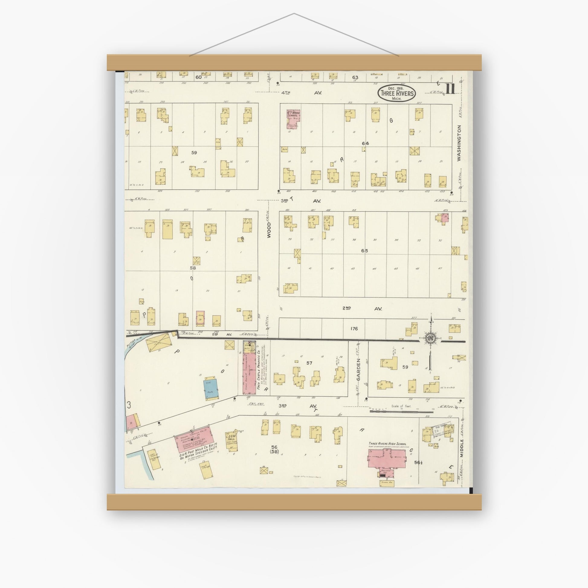 Old map wall art mockup — magnetic wood frame on white wall — Sanborn Fire Insurance Map from Three Rivers, Saint Joseph County, Michigan (1916), Sheet #0011