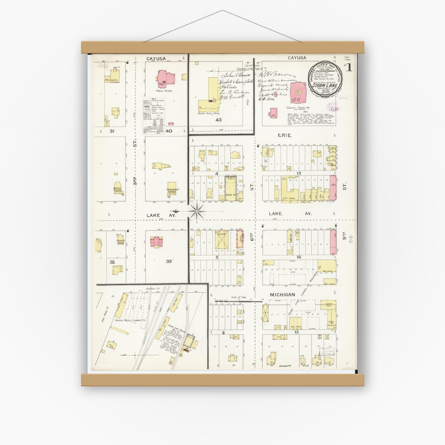 Old map wall art mockup — magnetic wood frame on white wall — Sanborn Fire Insurance Map from Storm Lake, Buena Vista County, Iowa (1893), Sheet #0001