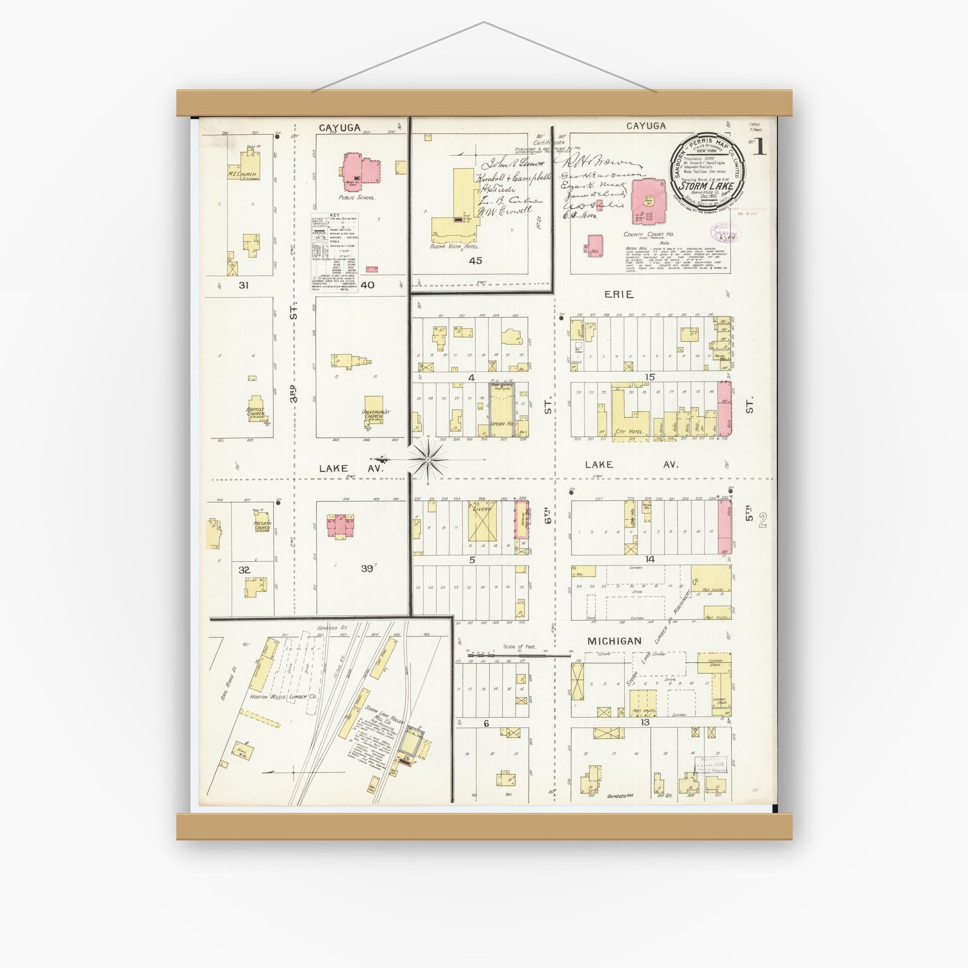 Old map wall art mockup — magnetic wood frame on white wall — Sanborn Fire Insurance Map from Storm Lake, Buena Vista County, Iowa (1893), Sheet #0001