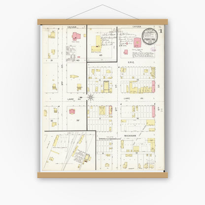 Old map wall art mockup — magnetic wood frame on white wall — Sanborn Fire Insurance Map from Storm Lake, Buena Vista County, Iowa (1893), Sheet #0001