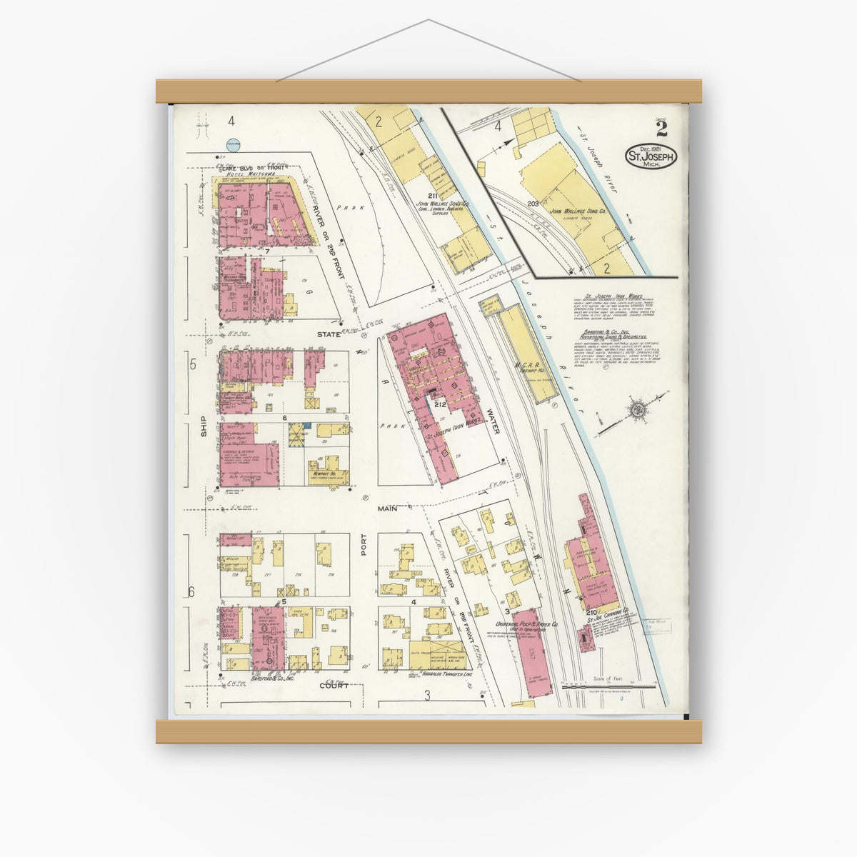 Old map wall art mockup — magnetic wood frame on white wall — Sanborn Fire Insurance Map from Saint Joseph, Berrien County, Michigan (1921), Sheet #0002