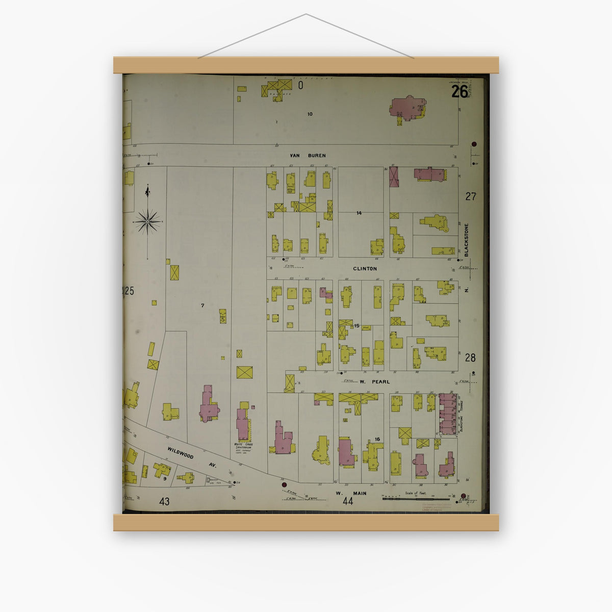 Old map wall art mockup — magnetic wood frame on white wall — Sanborn Fire Insurance Map from Jackson, Jackson County, Michigan (1907), Sheet #0026