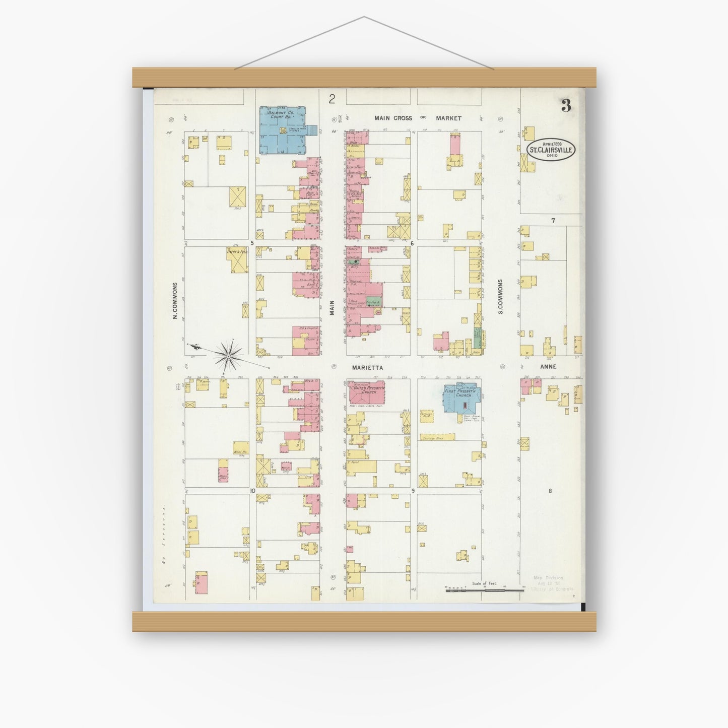 Old map wall art mockup — magnetic wood frame on white wall — Sanborn Fire Insurance Map from Saint Clairsville, Belmont County, Ohio (1899), Sheet #0003
