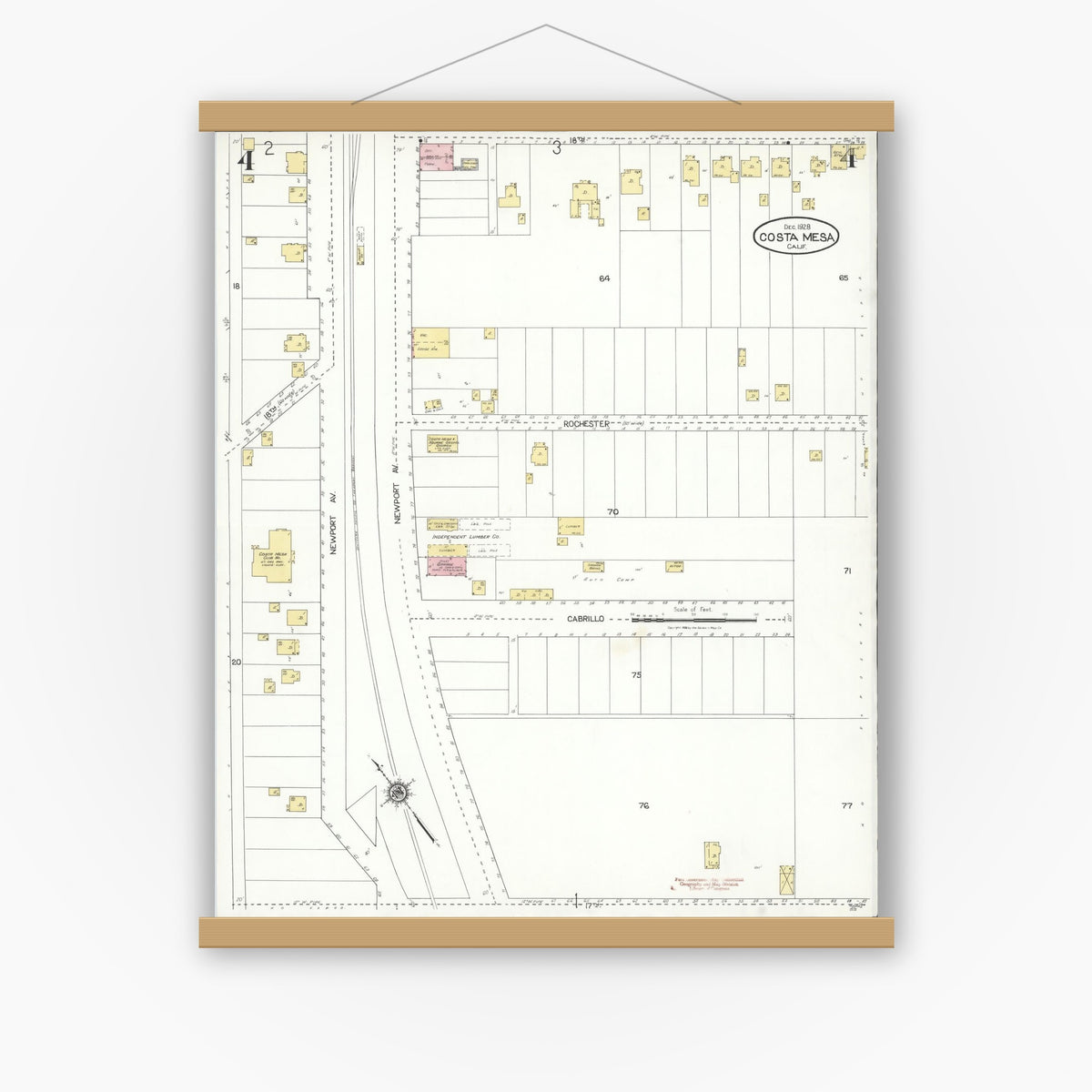 Old map wall art mockup — magnetic wood frame on white wall — Sanborn Fire Insurance Map from Costa Mesa, Orange County, California (1928), Sheet #0004