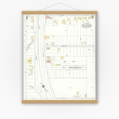 Old map wall art mockup — magnetic wood frame on white wall — Sanborn Fire Insurance Map from Costa Mesa, Orange County, California (1928), Sheet #0004