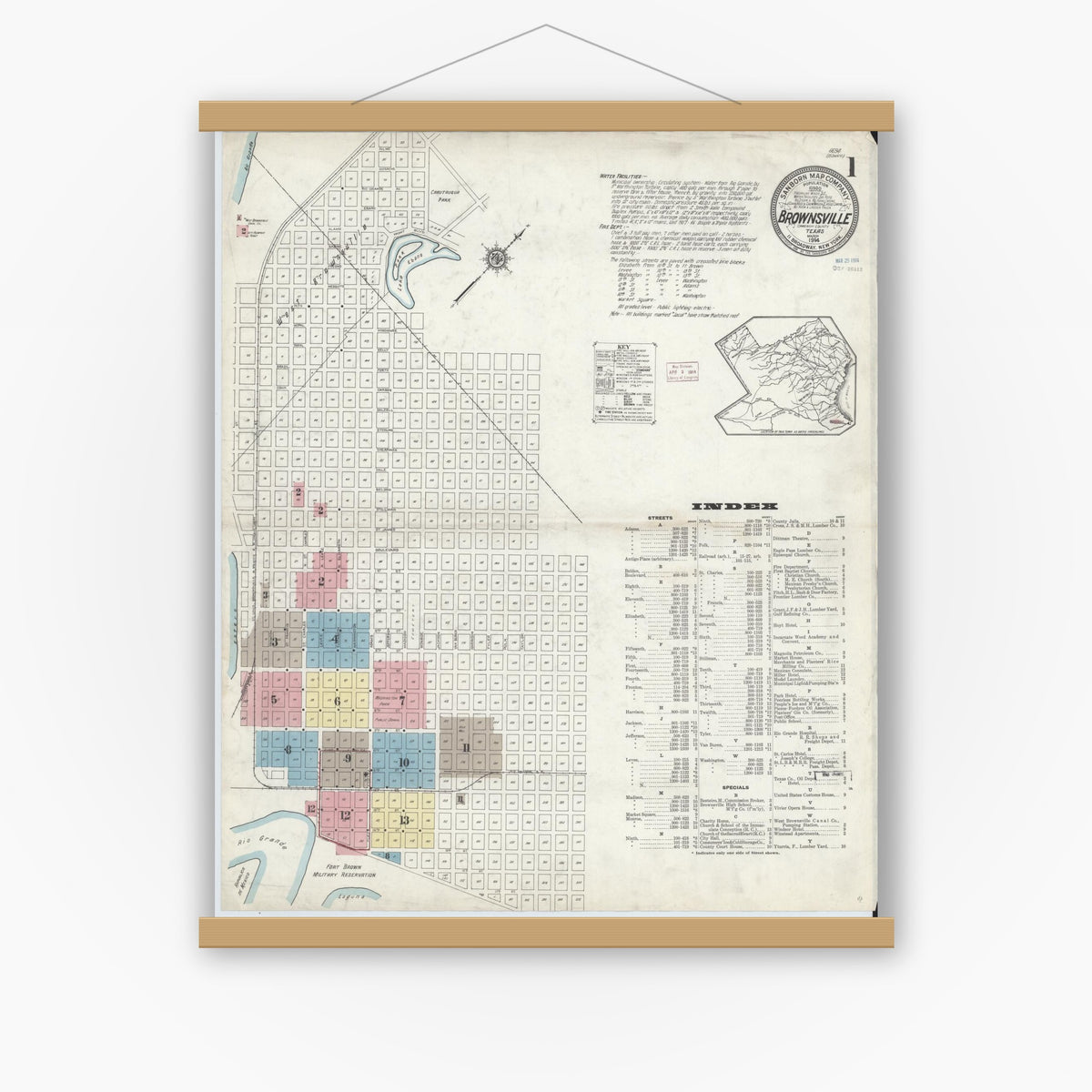 Old map wall art mockup — magnetic wood frame on white wall — Sanborn Fire Insurance Map from Brownsville, Cameron County, Texas (1914) - Complete Map Set