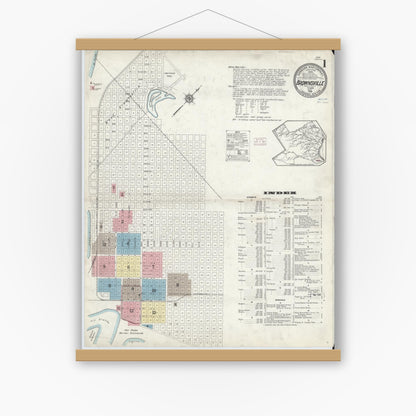 Old map wall art mockup — magnetic wood frame on white wall — Sanborn Fire Insurance Map from Brownsville, Cameron County, Texas (1914) - Complete Map Set