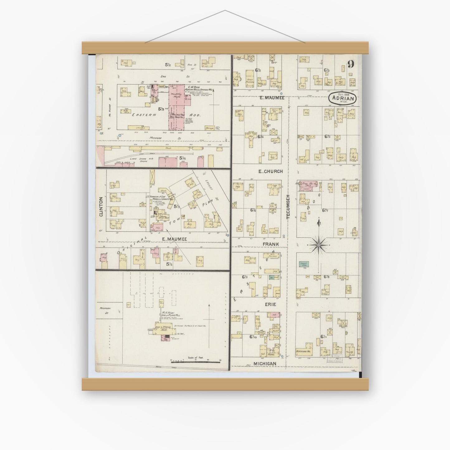 Old map wall art mockup — magnetic wood frame on white wall — Sanborn Fire Insurance Map from Adrian, Lenawee County, Michigan (1888), Sheet #0009