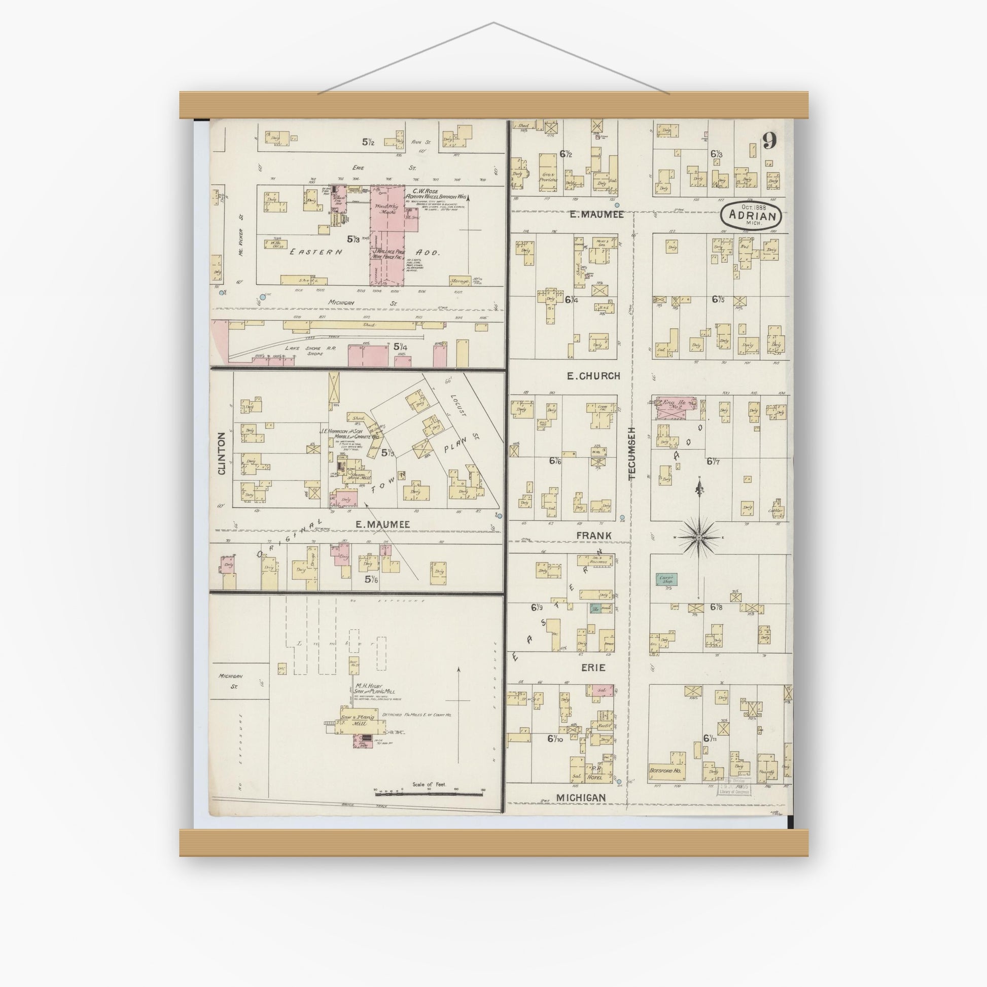 Old map wall art mockup — magnetic wood frame on white wall — Sanborn Fire Insurance Map from Adrian, Lenawee County, Michigan (1888), Sheet #0009