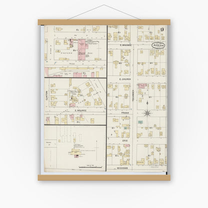 Old map wall art mockup — magnetic wood frame on white wall — Sanborn Fire Insurance Map from Adrian, Lenawee County, Michigan (1888), Sheet #0009