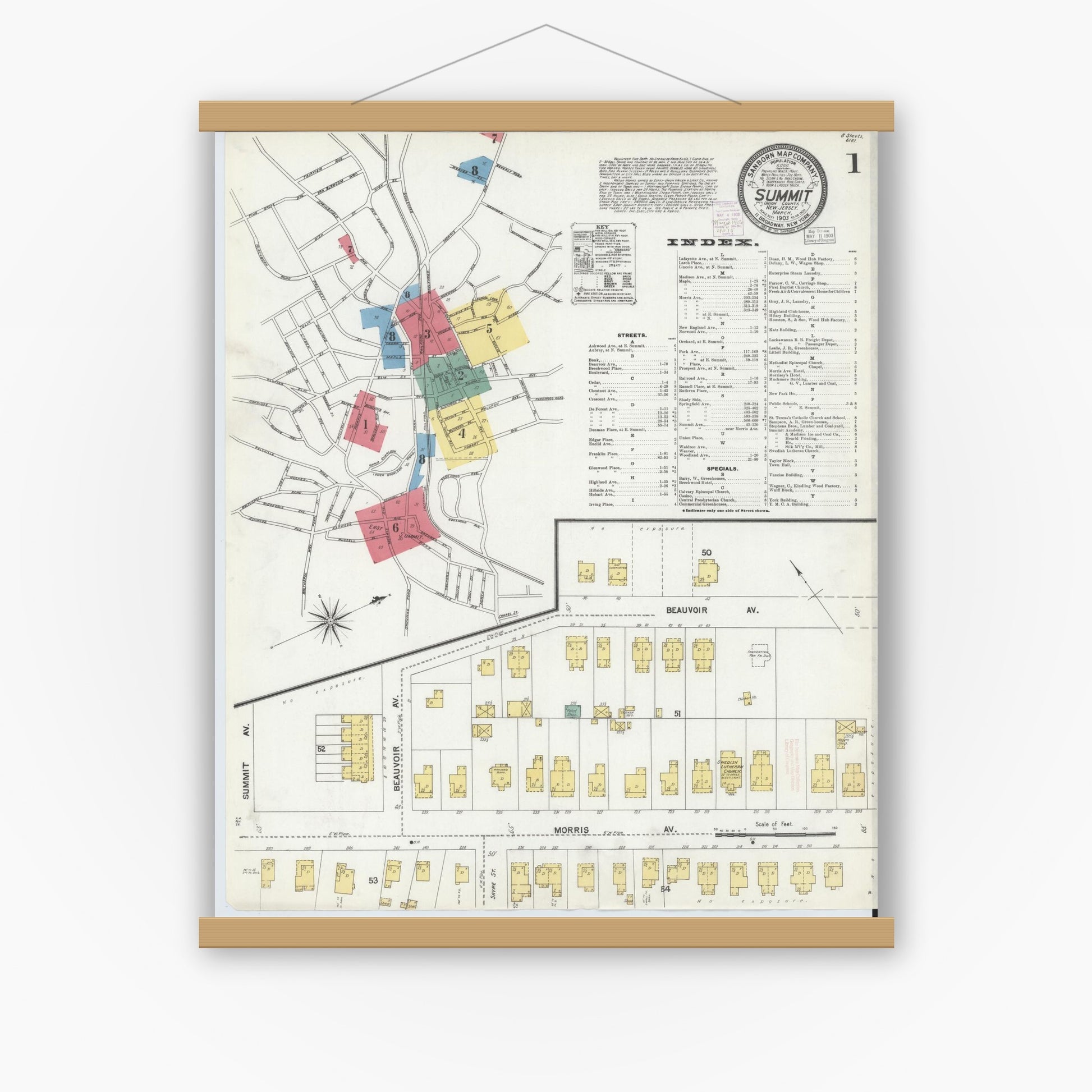 Old map wall art mockup — magnetic wood frame on white wall — Sanborn Fire Insurance Map from Summit, Union County, New Jersey (1903), Sheet #0001