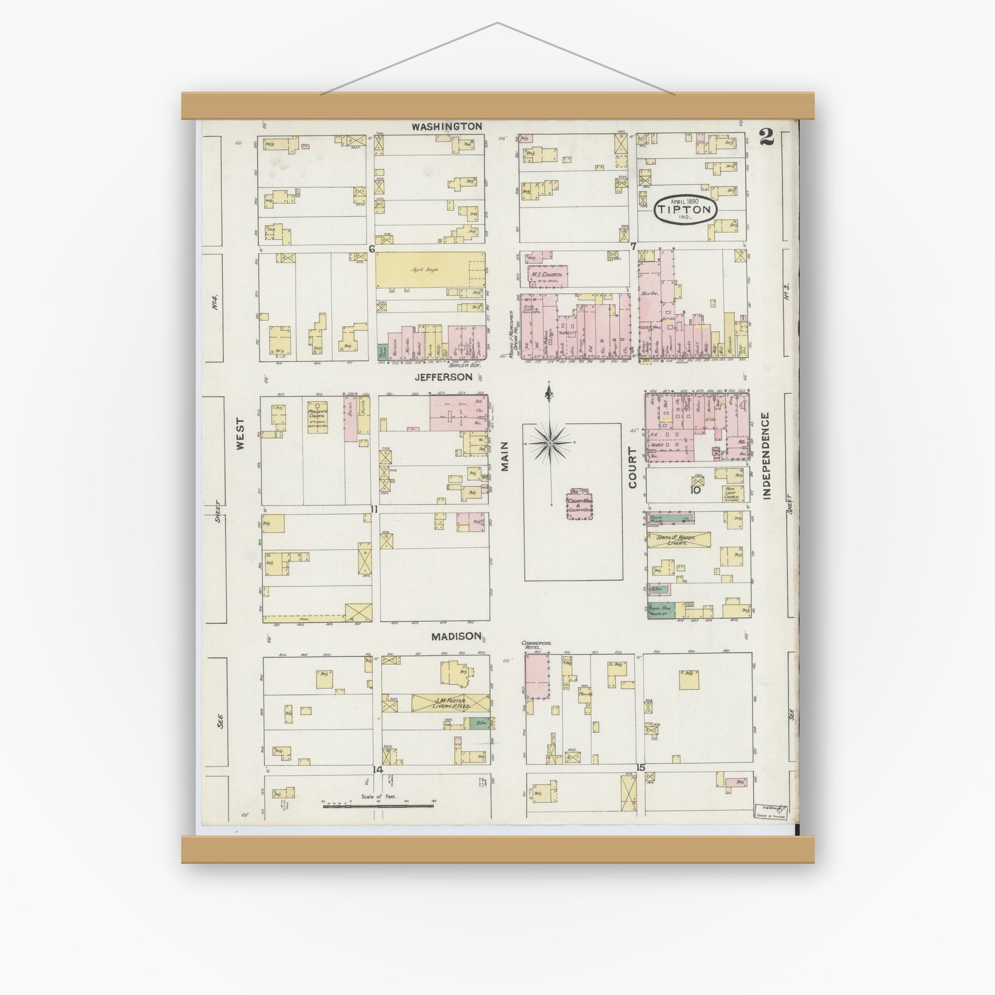Old map wall art mockup — magnetic wood frame on white wall — Sanborn Fire Insurance Map from Tipton, Tipton County, Indiana (1890), Sheet #0002
