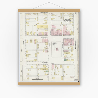 Old map wall art mockup — magnetic wood frame on white wall — Sanborn Fire Insurance Map from Tipton, Tipton County, Indiana (1890), Sheet #0002