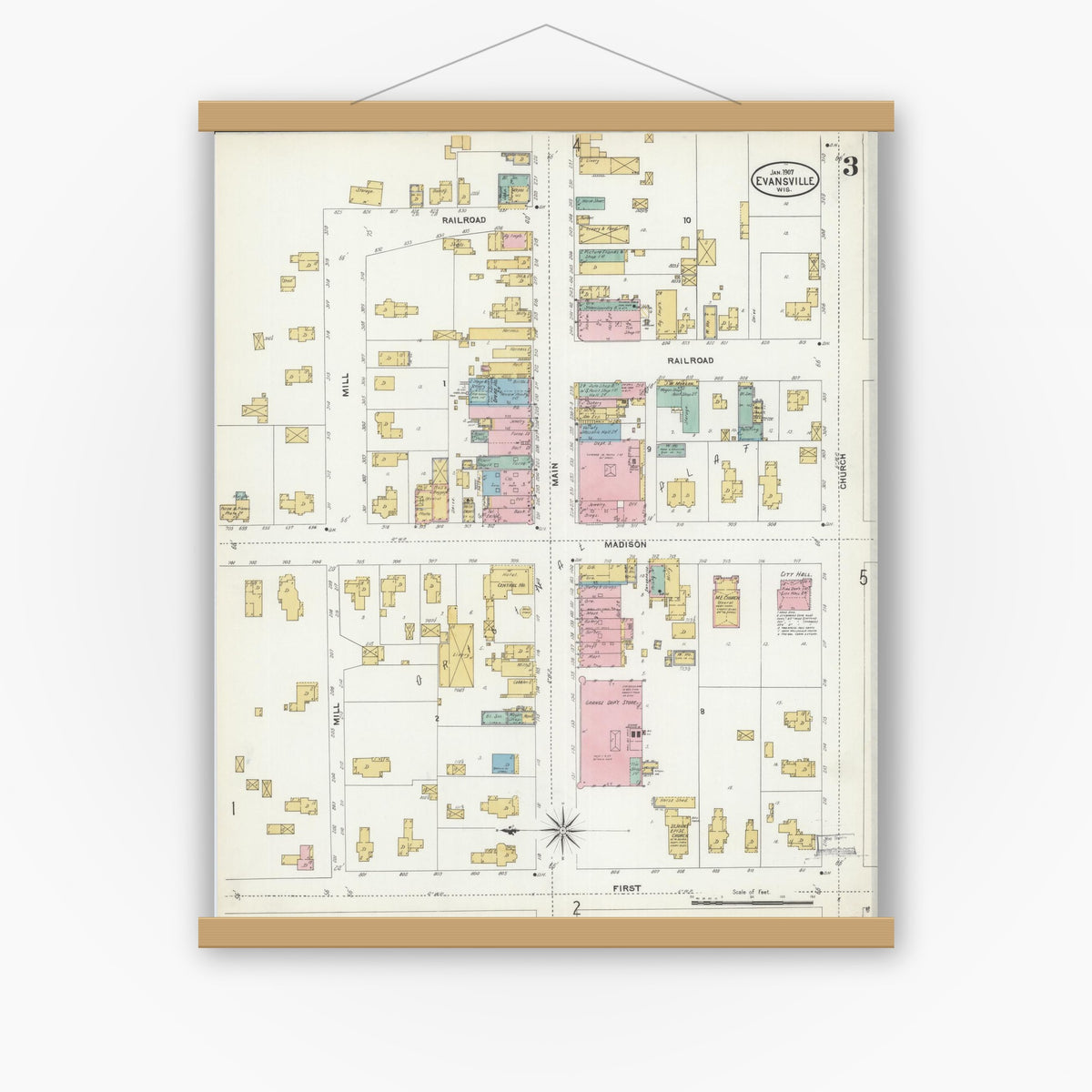 Old map wall art mockup — magnetic wood frame on white wall — Sanborn Fire Insurance Map from Evansville, Rock County, Wisconsin (1907), Sheet #0003