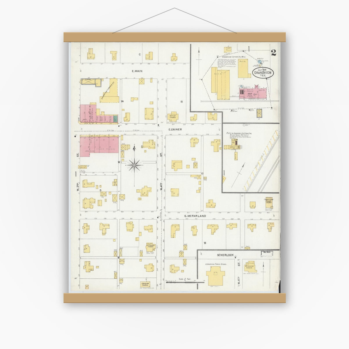 Old map wall art mockup — magnetic wood frame on white wall — Sanborn Fire Insurance Map from Grandview, Johnson County, Texas (1905), Sheet #0002
